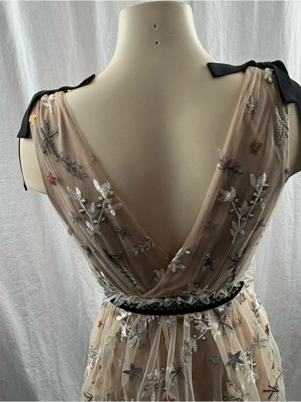 Sheer Star-Embellished Midi Dress in Nude with Black Trim 2 - Picture 12 of 16